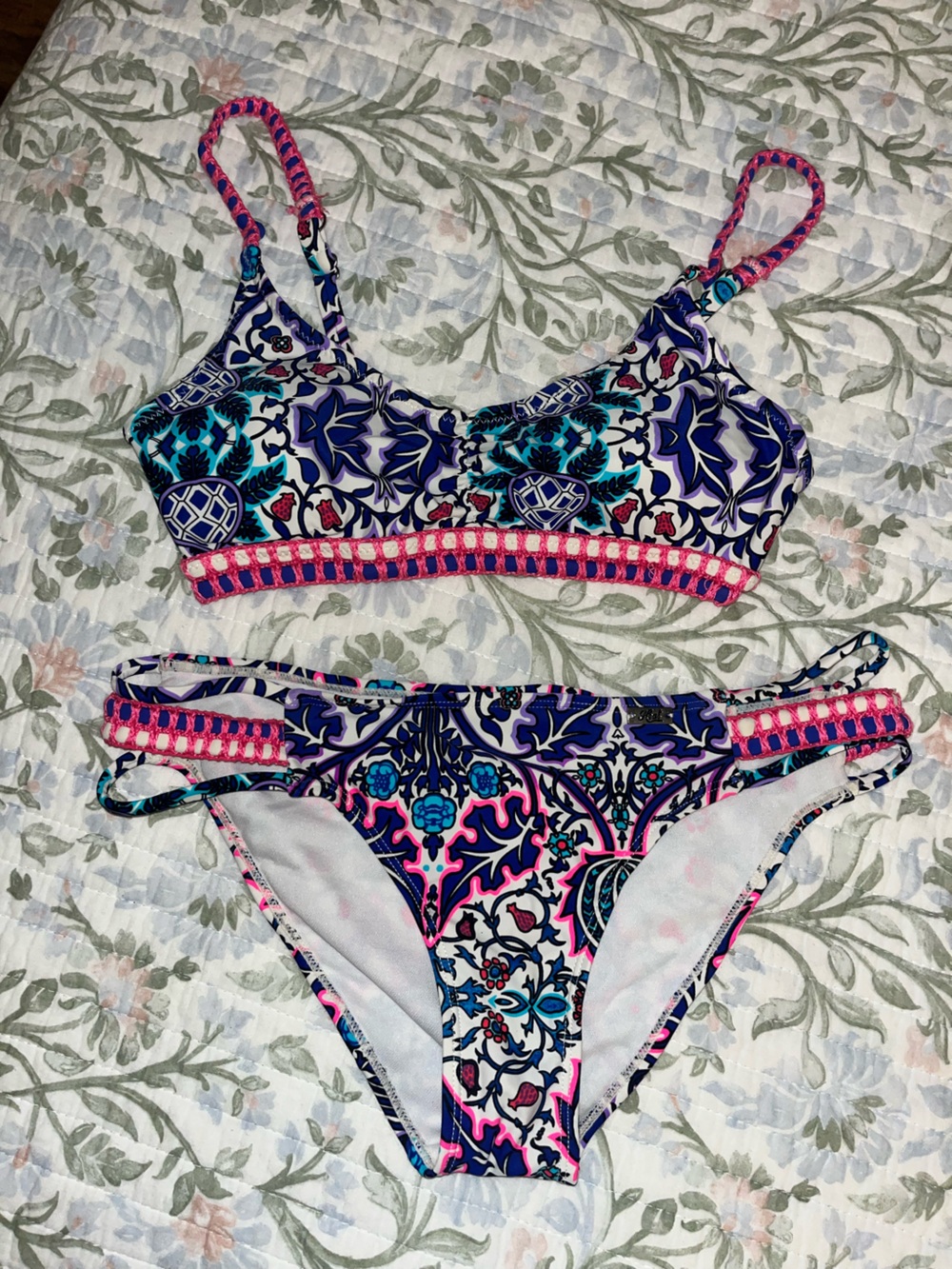 Heat Floral Tile Print Two-Piece Swimsuit with Pink Accent